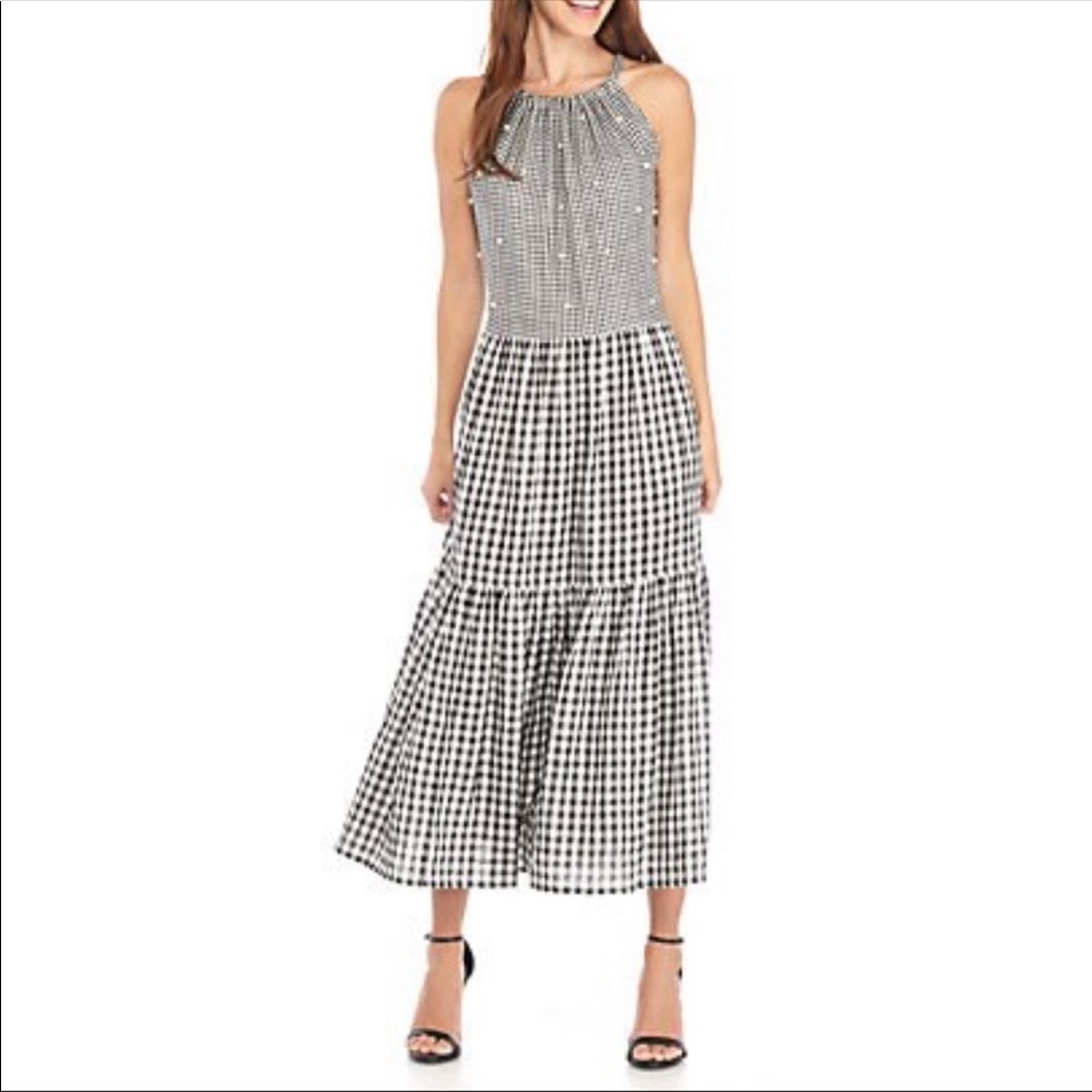 Summer Halter Midi-Dress Gingham, Pearl Detail